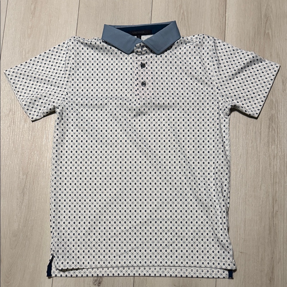 Boy’s Greyson Golf White Polo Shirt with Blue Collar and Micro Print size L (10)
